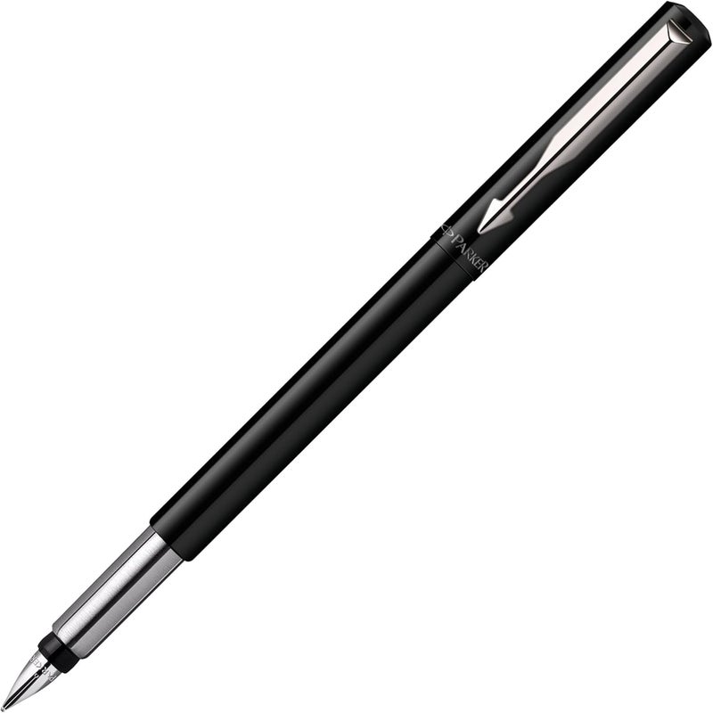 Parker Vector Fountain Pen - Black with Chrome Trim, Medium Nib, Blue Ink - Image 1
